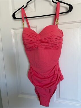 Bleu Rod Beattie Coral Pink Ruched One-Piece with Gold Ring Straps